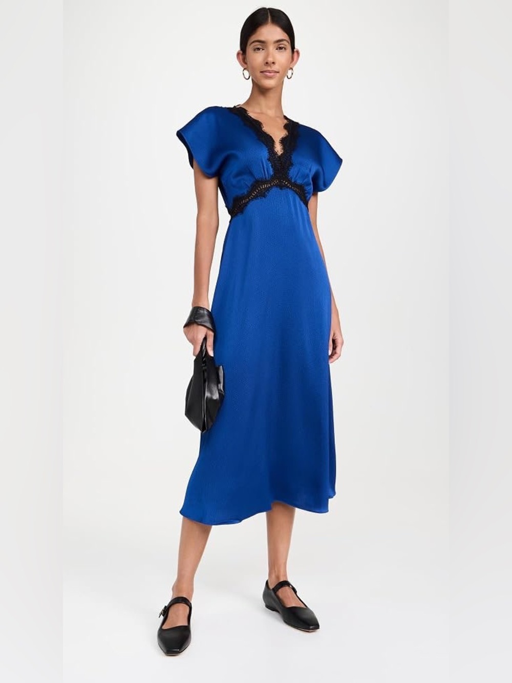 Sea Women's Noa Satin V Neck MIDI Dress Royal Blue Black Lace Trim Elegant